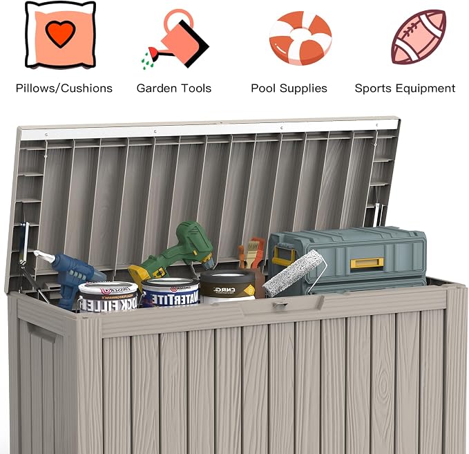 Mars Villa 80 Gallon Deck Box, Waterproof Resin Storage Bin with Lockable Lid, Weatherproof and UV Resistant, for Outdoor Patio Furniture Cushions, Pool Supplies, Garden Tools, Grey