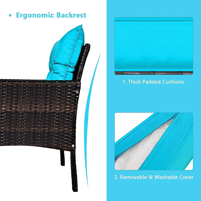 DORTALA 5 Pieces Patio Furniture Set, Outdoor Rattan Conversation Set with Cushions, Glass Table, Ottomans & Chairs, Wicker Sofa Set Backyard Garden Balcony, Turquoise