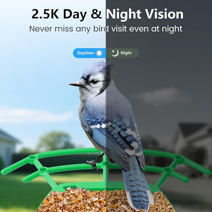 2.5K HD Smart Bird Feeder with Camera for Outdoors Solar Powered Wireless 2.4Ghz WiFi, Includes 32GB SD Card, AI Bird Species Identification Video, Instant Arrival Alerts,Ideal Gift (Green)