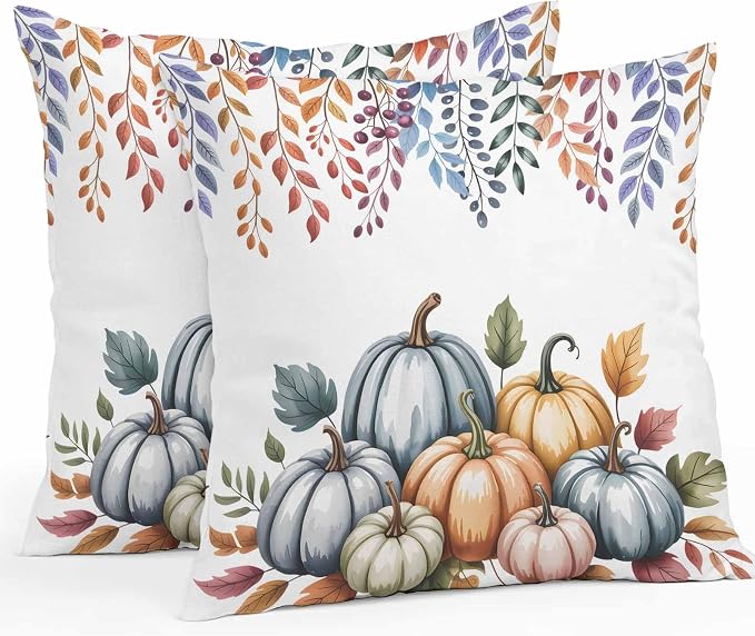 Orange Fall Pumpkins Outdoor Waterproof Pillow Covers, Eucalyptus Leaves Country Farmhouse Decorative Square Throw Pillowcase Sofa Cushion Sham for Patio/Couch/Chair, 26"x26" 2 Pack