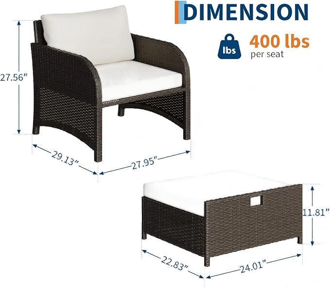 Garvee Balcony Furniture Patio Conversation Set, PE Wicker Rattan Outdoor Lounge Chairs with Soft Cushions for Porch