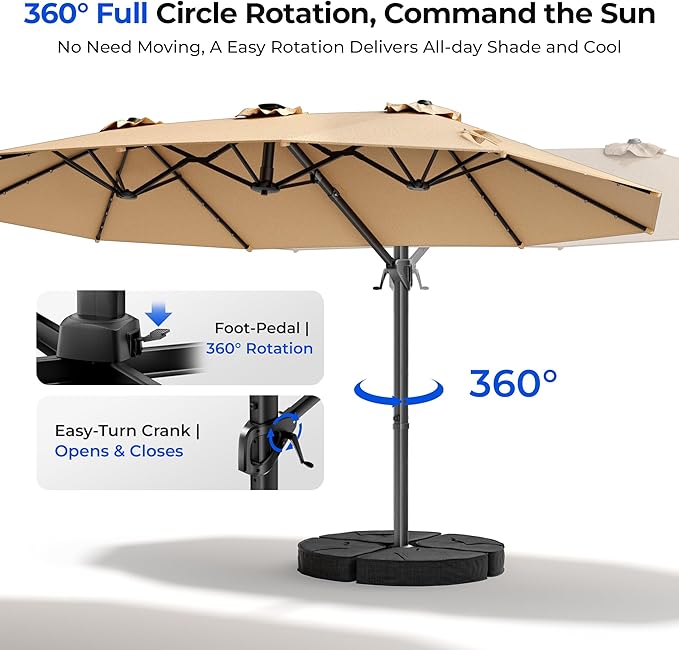 HOMSHADE 15FT Cantilever Double-Sided Umbrella with Solar Light and Base, Rectangle Oversized Offset Patio Umbrellas, Extra Large Outdoor Umbrella for Pool, Deck, Garden (Beige)