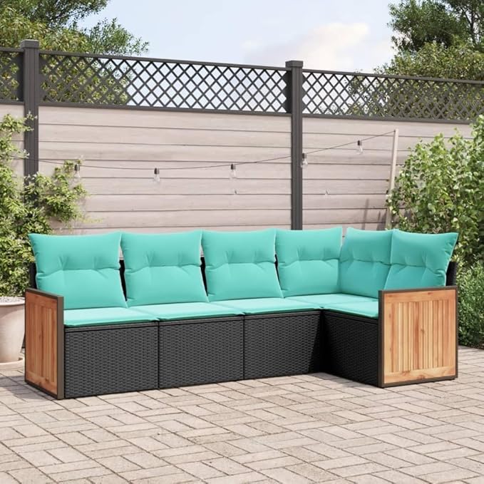 5 Piece Patio Sofa Set with Cushions, Sectional Sofa Garden Lounge Set Patio Conversation Set Outdoor Sofa Sets for Exhibition Poolside Garden Piazza Black Poly Rattan