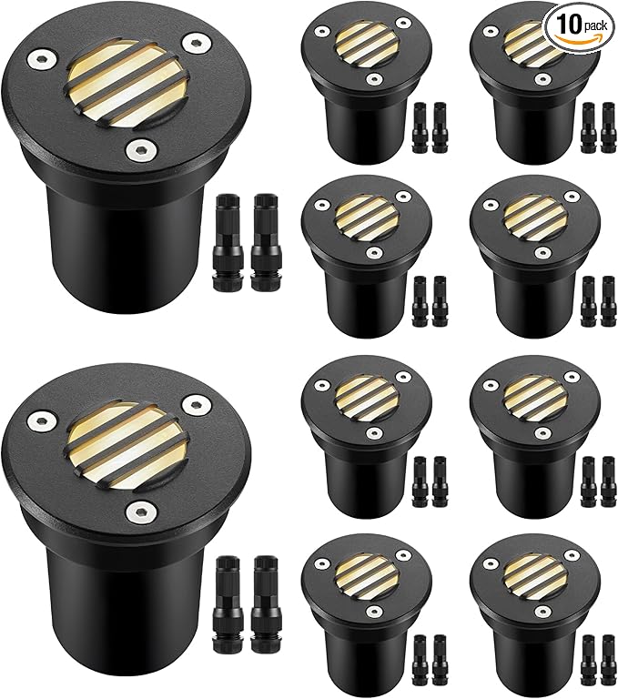 Junview Low Voltage Landscape Lights with Connectors Grated Top Anti-Glare LED Well Lights 12V-24V Waterproof Outdoor In-Ground Light 3000K Landscape Lighting for Garden Yard Deck Pathway (10)