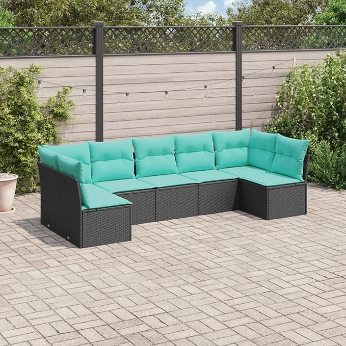 7 Piece Patio Sofa Set with Cushions, Patio Conversation Set Porch Furniture Set Front Porch Furniture Outdoor Sofa Sets for Garden Exhibition Poolside Negotiation Area Black Poly Rattan