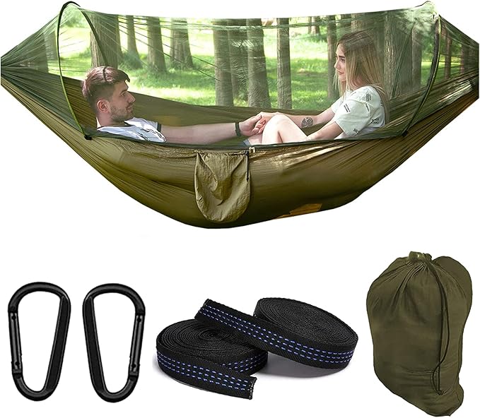 Travel Hammock with Mosquito Net, Lightweight Camping Hammock Hold Up to 200kg, Portable Outdoor Hammock for Camping Hiking Backpacking,Army Green,290x140cm