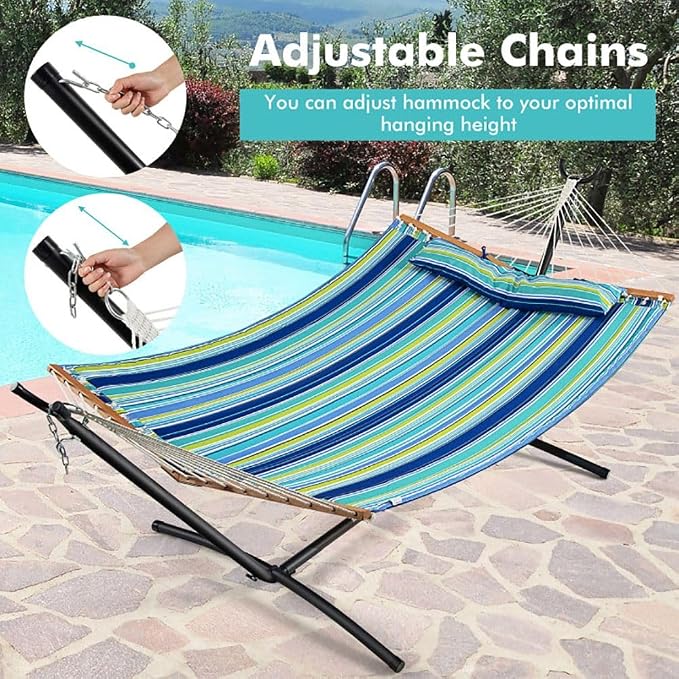 Portable Blue-Green Beech Wood Foldable Hammock with Detachable Pillow for Patio/Balcony 55.5x75in, 265lb Capacity Contemporary