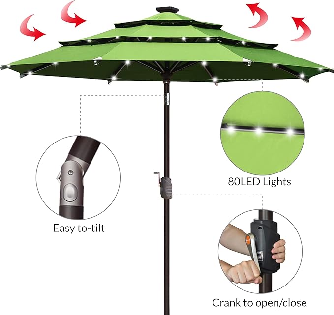 EliteShade USA 10-Year-Non-Fading 9ft 3-Tier Market Patio Umbrella, Commercial Table Umbrella with 80 Solar LED Lights, Crank Open, Windproof & UPF 50+ UV Protection for Garden, Deck, Pool, Backyard, Macaw Green