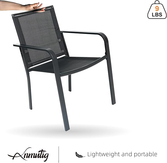 Large Outdoor Dining Set of 7 with Patio Black Stackable Chairs,54 in Table | 6 or 8 Person Use, Stackable Chairs, Textilene Seat&Back, Large Metal Round Slat Table, 1.56"-1.9" Umbrella Hole, All Weather