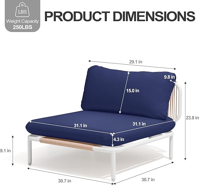 Oversized Patio Furniture Set, Outdoor Patio Furniture Single Sofa, 2-seat Conversation Set with Cushion for Indoor and Outdoor, White Frame and Blue Mat, （Only 2 Armrest）