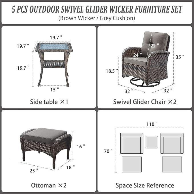 Belord 5 Piece Swivel Rocker Glider Outdoor Chairs Set of 2 with Ottoman and Glass Side Table Patio Bistro Furniture Set, Comfort High Back Wicker Patio Conversation Set for Deck Porch Sunroom