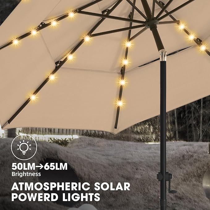 wikiwiki 9FT 3Tiers Solar Led Patio Umbrella, Sturdy Outdoor Market Umbrella for Deck, Pool, Garden w/Tilt, Crank, 32 LED Lights, Tan