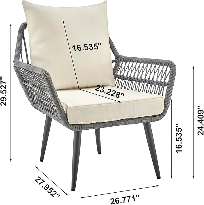 Manhattan Comfort Cannes 3-Piece Patio Conversation Set, Outdoor Furniture | Includes Modern Cushioned Rope Wicker Chairs & End Table, Removable & Washable Cushions, Tempered Glass Tabletop, Cream