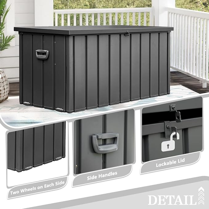 Domi 150 Gallon Deck Box, Metal Outdoor Storage Box with Lock Wheels, Waterproof Outside Storage Box for Patio Cushions