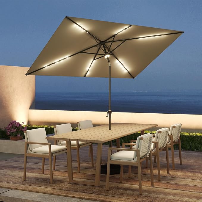 C-Hopetree Rectangular Outdoor Patio Market Umbrella with Solar LED Lights 6.5 x 10 ft