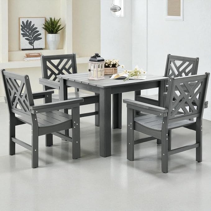 HDPE Outdoor Dining Set,5-Piece Outdoor Table and Chairs Include 4 Armchair Chairs and 35.5" Square Patio Dining Table with Umbrella Hole (Gray)