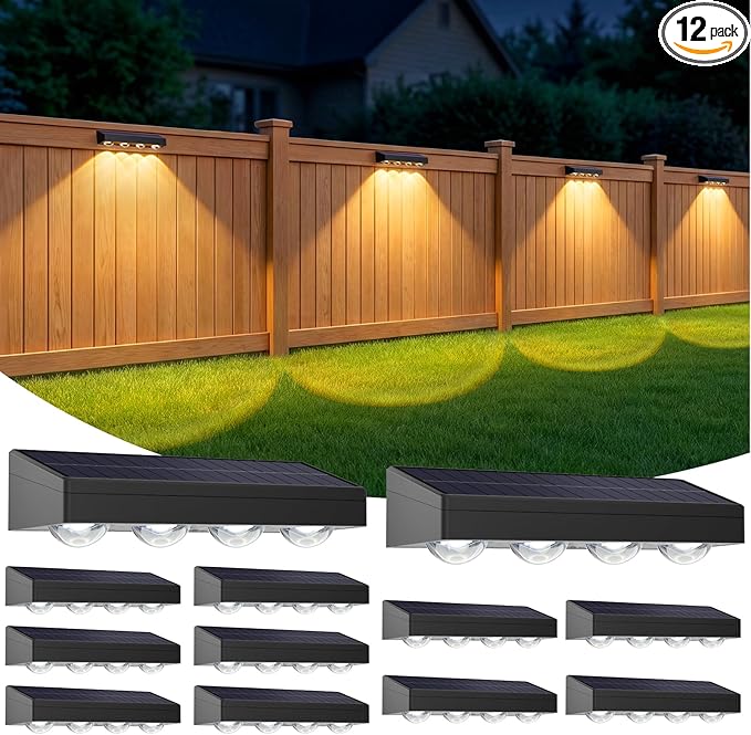 ShineTech Solar Fence Lights Outdoor Waterproof, 3-Color Lighting Modes LED Solar Powered Deck Lights, Outdoor Step Lights for Railing, Patio, Wall, Backyard (12 Packs)