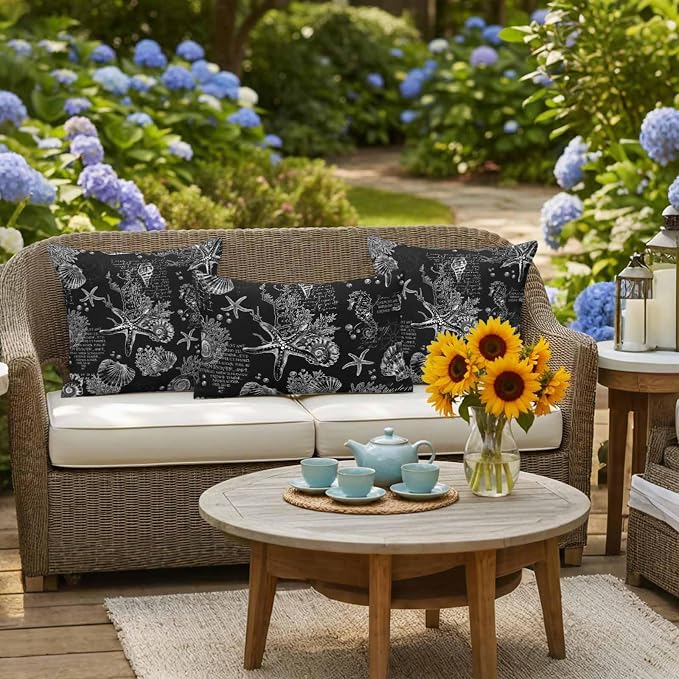 Black Coastal Waterproof Outdoor Pillow Covers Set of 2 Home Decor, Nautical Ocean Starfish Seashells Coral Pillowcase Patio Pillow Covers for Couch Bench Furniture Garden 16x16in