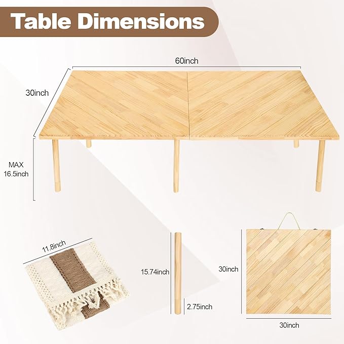 Low Picnic Table 60x30, Portable Folding Floor Table | Adjustable height wood table with boho runner, mortise-tenon joints, folds flat for beach picnics, camping, parties