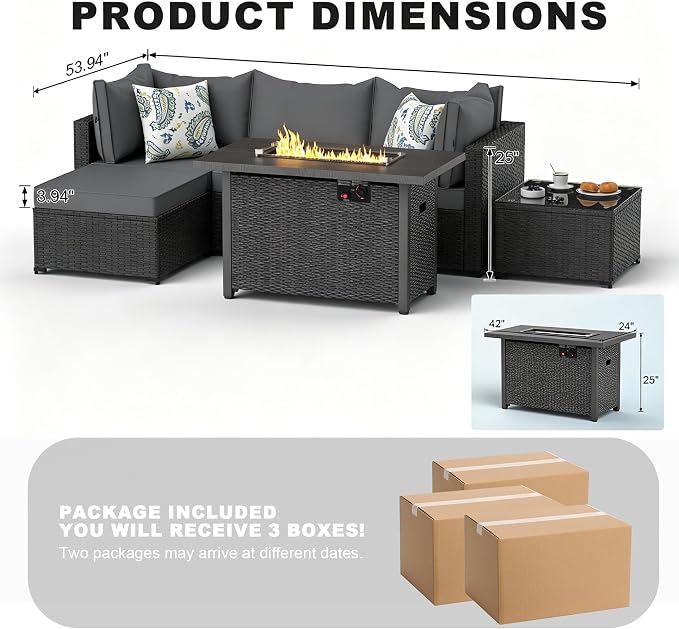 5 Piece Patio Furniture Sets, Outdoor Patio Set Sectional Sofa, All-Weather PE Rattan Couch with Cushion, Glass Table for Gatherings, Parties, Sports Viewing (Gray, 6-Piece Fire Pit Table Set)