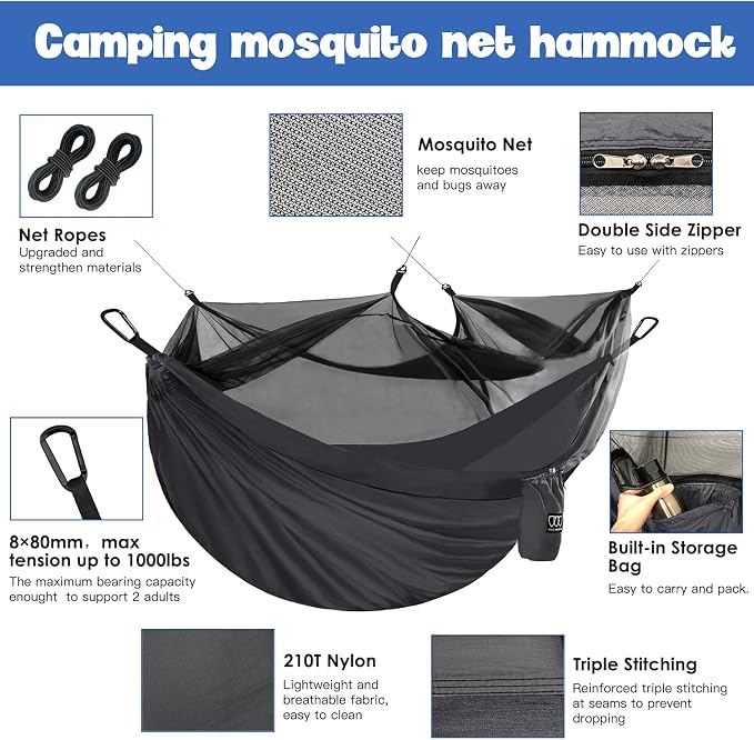 Gold Armour Camping Hammock - Camping Essentials, Double Hammock with Bug Net, Camping Gear Hammock for Outside, Hiking, and Travel (Gray)