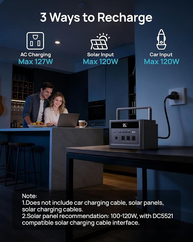 DARAN Portable Power Station 600W (1200W Peak) 576Wh LiFePO4 battery with 100W Solar Panel, Fast Recharge AC/Car/Solar, 3 AC Outlets, USB-C PD for Camping, RV, CPAP, Emergency Backup