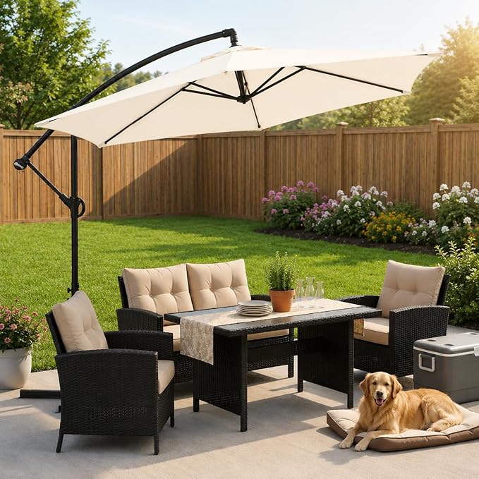JAMFLY Large 9FT Offset Patio Umbrella with Cantilever Crank & Infinite Tilt, Heavy Duty Outdoor Hanging Umbrella with Cross Base for Backyard, Deck, Poolside
