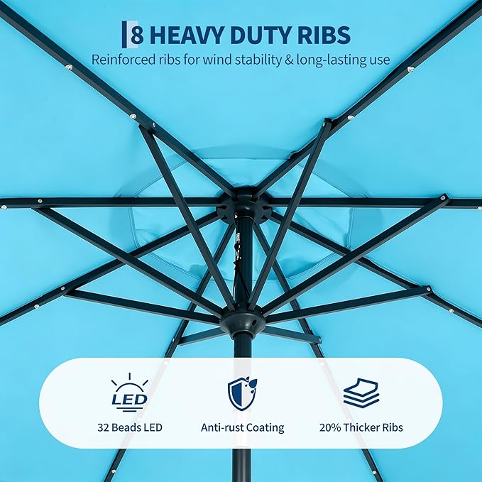 Garvee 10FT Patio Umbrella with 32 Solar LED Lights, Outdoor Table Market Umbrella with Tilt and Crank, 8 Sturdy Iron Ribs Sun Shade for Garden, Deck, Backyard and Pool, Turquoise Blue
