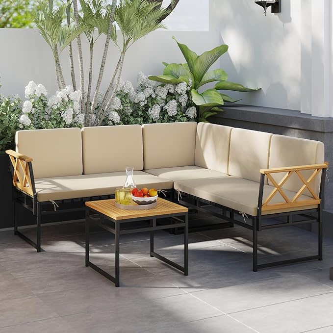 Tangkula L Shaped Outdoor Sectional Sofa Set, 4 Pieces Acacia Wood Patio Cushioned Conversation Set with Bungee Rope Seat,for Porch, Yard, Poolside (Off White)