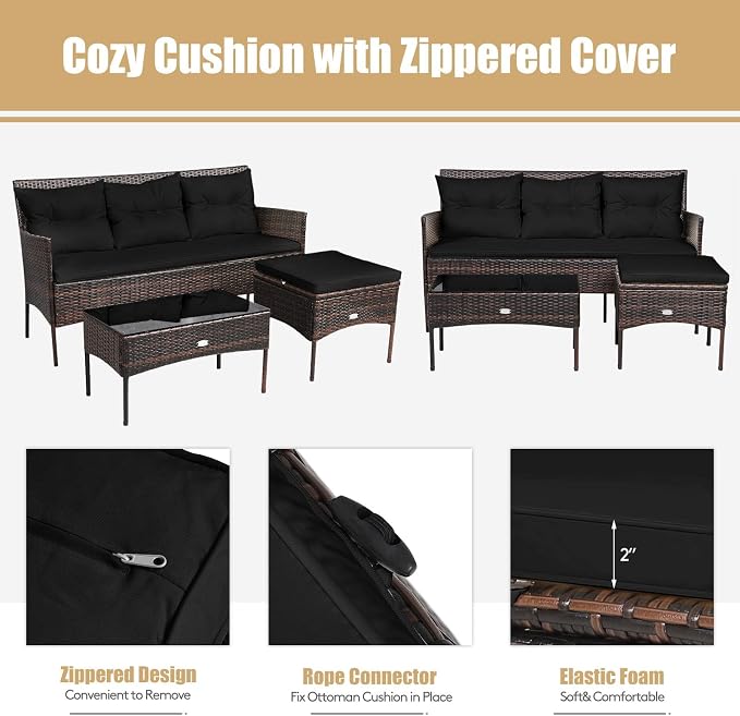 HAPPYGRILL 3-Piece Patio Furniture Set Outdoor Rattan Conversation Set with Coffee Table, Seat & Back Cushions, Sectional Sofa Set for Poolside Balcony Backyard