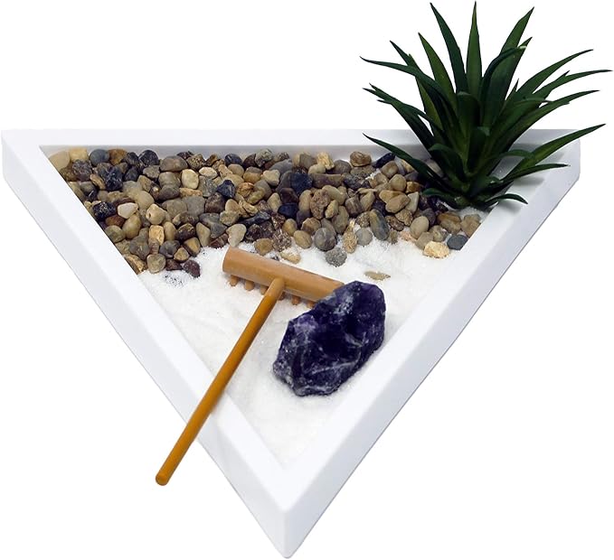 Nature's Mark Mini Zen Garden Kit with White Sand, Rake, White Base, Salt Rock and Air Plant (Triangle)