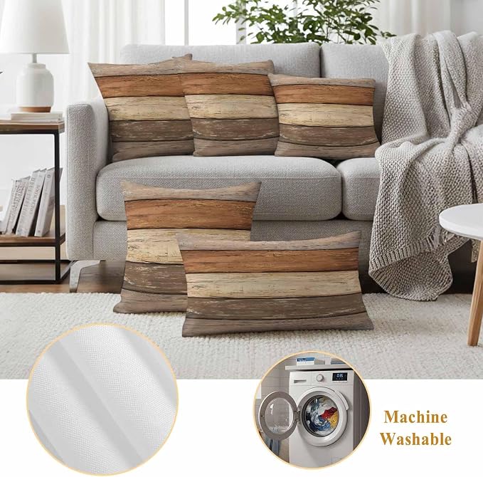 Farmhouse Beige Brown Outdoor Waterproof Pillow Covers, Vintage Wooden Striped Decorative Rectangle Throw Pillowcase Sofa Cushion Sham for Patio/Couch/Chair, 20"x12" 2 Pack