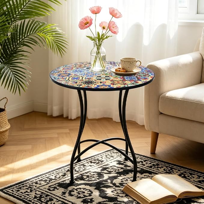 24 Inch Mosaic Patio Round Side Table with X-Curved Legs Indoor and Outdoor Accent End Table for Yard, Garden, Living Room, Bistro, B - Multicolor Talavera