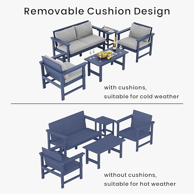 5-Piece Patio Conversation Sets, Weatherproof HDPE Sectional Furniture Set with Cushions, Outdoor Sofa Set for for Porch, Balcony, Deck, Lawn (Navy Blue)