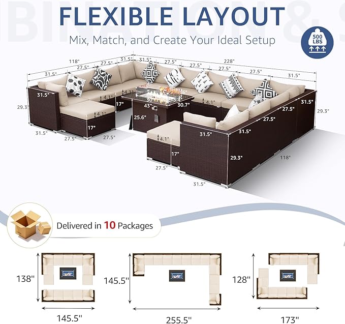 NICESOUL 15 Piece Outdoor Sectional with Fire Pit Table, Modern Luxury Patio Deep Seating w/Firepit, 29.3'' High-Back Wicker Couch Thick, Big High-Weight Capacity Sofa for Garden, Yard, Brown & Beige