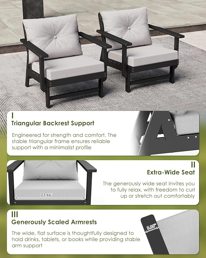 GREENVINES Outdoor-Couch-Set-of-2 | HDPE Plastic | Patio Sectional Conversation Sets | All Weather Couches | Sofa with Detachable Armrests | for Porch Deck Lawn | Black Frame Light Gray Cushion