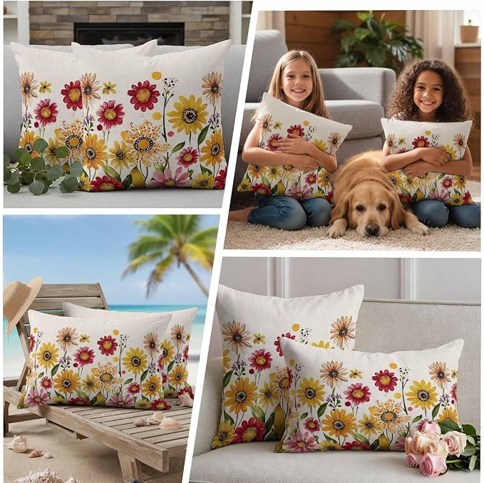 Yellow Red Spring Floral Outdoor Waterproof Throw Pillow Covers 24x24 Set of 2, Pastoral Summer Flower Rustic Decorative Pillowcases Cushion Pillowcase for Couch Sofa Patio Outside Pillow Protector