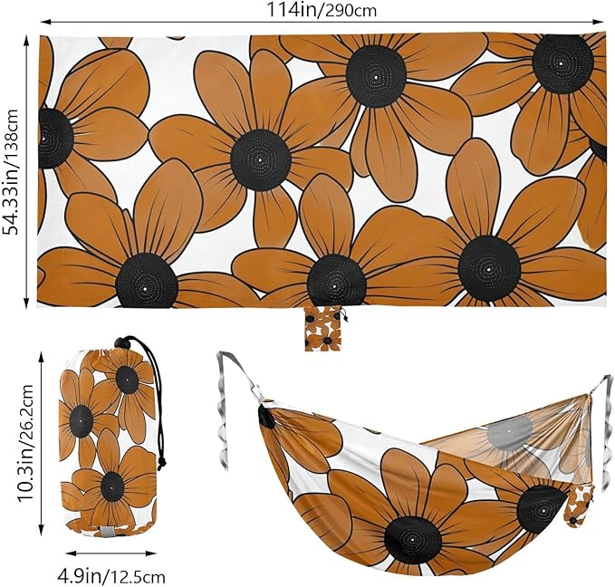 Black-Eyed Susan Simple Line Art Valentinesnes Coffee 330lb Capacity Outdoor Hammocks with Portabl Carry Bag Swing Hammock for Patio Backyard Lounge Base hamaca para Patio Exterior