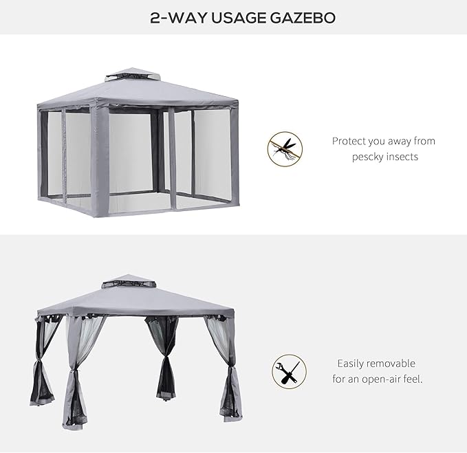 Outsunny 9.6' x 9.6' Patio Gazebo, Outdoor Canopy Shelter with 2-Tier Roof and Netting, Steel Frame for Garden, Lawn, Backyard, and Deck, Gray