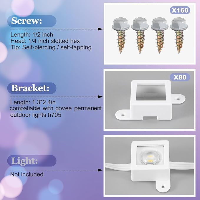 Beeveer 80 Light Clips for Govee H705 H805 with 160 Screws Mounting Clips Compatible with Govee Permanent Outdoor Lights Extension (White)