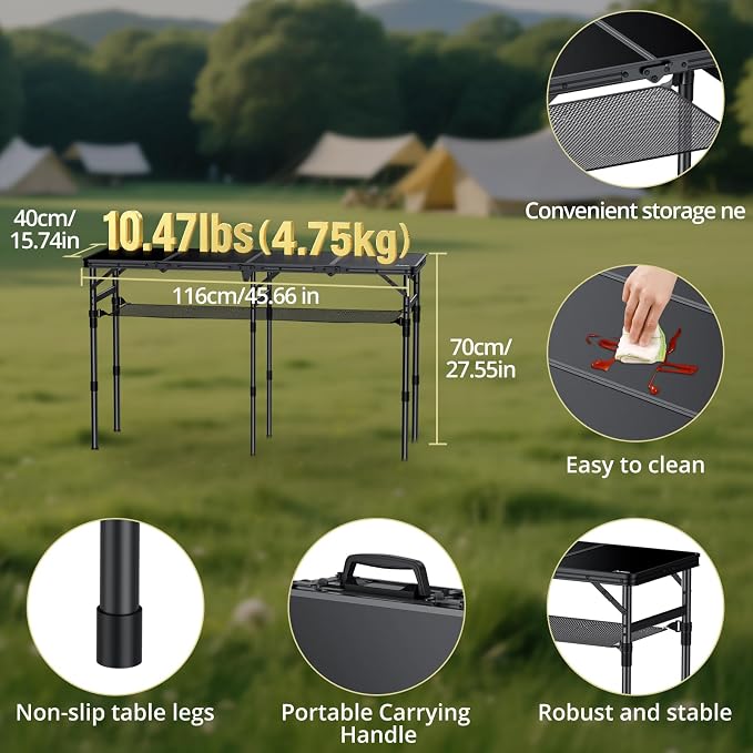 Anbte 4-Fold Camping Table with Storage Net, 3 Adjustable Height Max 27.5” | 4ft Aluminum Portable Table, Portable & Compact, 46” x 16”, for Picnic Beach Outdoor Indoor Backyard RV Travel, Black