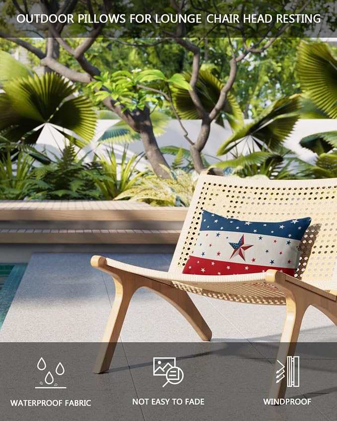 Outdoor Lumbar Pillows with Adjustable Band,Independence Day Red White Blue Stripe Waterproof Recliner Throw Pillow Chaise Lounge Cushion with Insert for Beach,Graden Rustic Star on Cotton 1 Pack