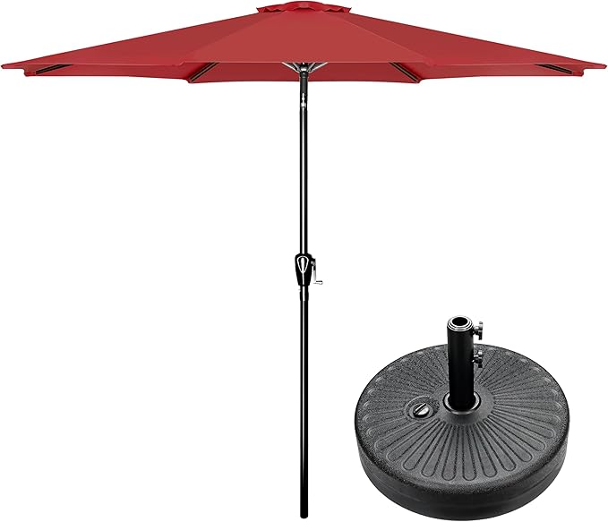 Simple Deluxe 9FT Outdoor Patio Umbrella Table Market Umbrella with Push Button Tilt and Crank and 50lbs Base Stand, for Garden, Lawn, Deck, Backyard, Pool, Red