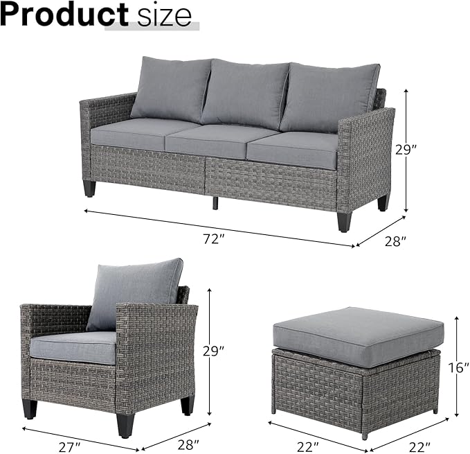 SUNSITT Outdoor Patio Furniture Set 5 Piece Wicker Conversation Set with Ottoman 3 Seat Sofa Couch with Club Chair, Grey Wicker & Grey Cushion