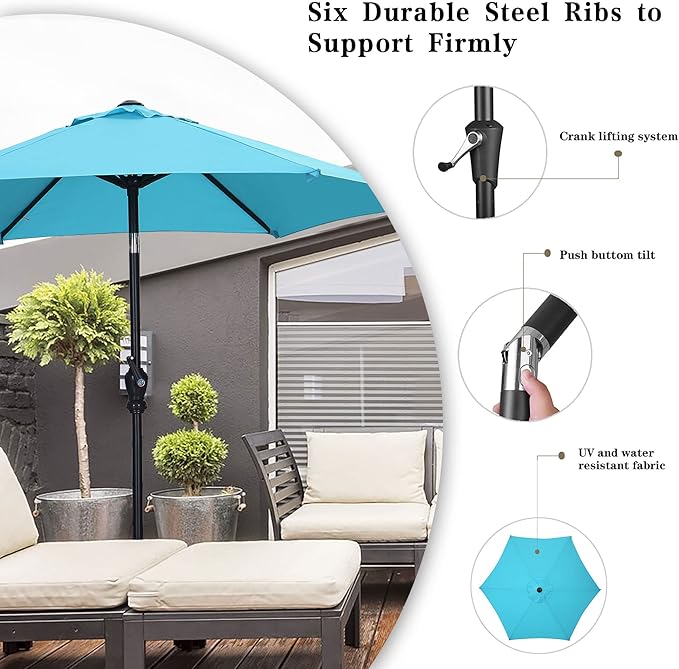 GDY 7.5FT Patio Umbrella Outdoor Table Umbrella,Market Umbrella with Push Button Tilt and Crank for Garden, Lawn, Deck, Backyard & Pool (Blue)