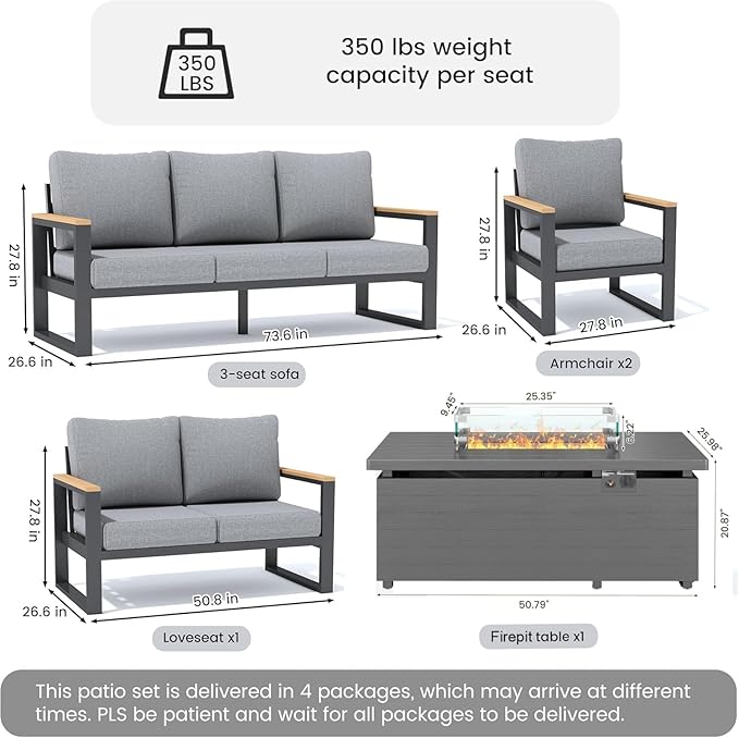 Sundale Outdoor Aluminum Patio Furniture Set, 5 Piece Outdoor Conversation Sets with Fire Pit and 6" Thick Olefin Cushions, All Weather Outdoor Sectional Set for Deck, Lawn, Yard (Grey)