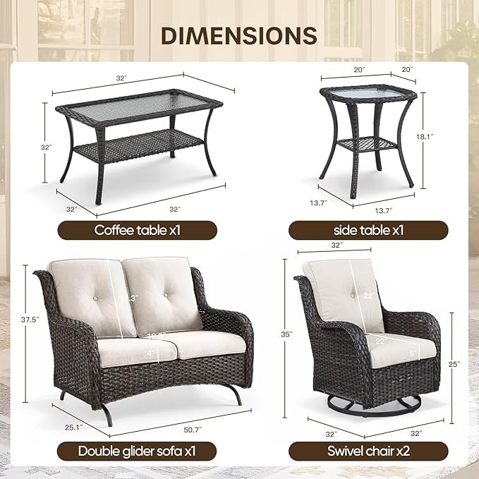 Patio Loveseat Glider Set, Resin Wicker Loveseat Glider with 2 Swivel Patio Chiars Coffee Table and Side Table, 5 Piece Patio Furniture Loveseat Set, Brown Wicker|Beige Cushions