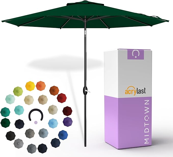 Midtown Umbrellas – The Lean 9 Ft Patio Umbrella with 10-Year-No-Fade Acrylast Acrylic Fabric, Auto-Tilt and 8 Reinforced Ribs for Deck, Pool, Garden, Hotel & Cafes – Forest Reserve Canopy, Black Pole