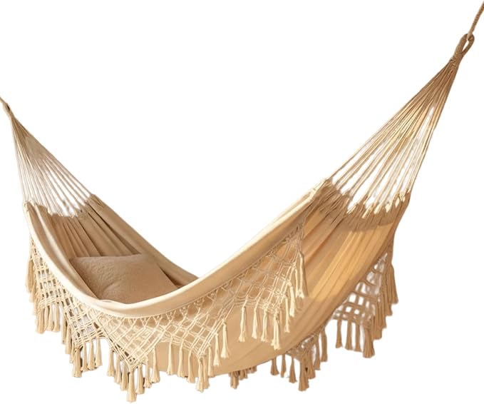 Outdoor Hammock Garden Cotton Hammock Macrame Fringe Hammocks Boho Balcony Hammocks with Handmade Tassels 2 Person Double Hamock 480lbs for Home,Backyard,Beach,Patio