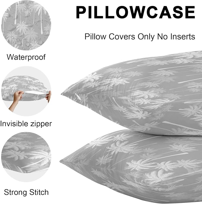 Throw Pillow Covers 20x20 Inch Set of 2, Tropical Palm Tree Waterproof Outdoor Pillow Covers, Gray White Plants Coastal Leaf Beach Decorative Cushion Pillowcases for Couch, Sofa, Bed, Garden, Patio